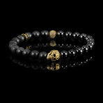 Gold Plated Steel Skull + Matte and Polished Onyx Stone Stretch Bracelet // 8.5"