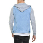 Hooded Patterned Fabric Denim Jacket // Ice Blue (L)