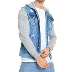 Hooded Patterned Fabric Detail Denim Jacket // Worn Ice Blue (S)