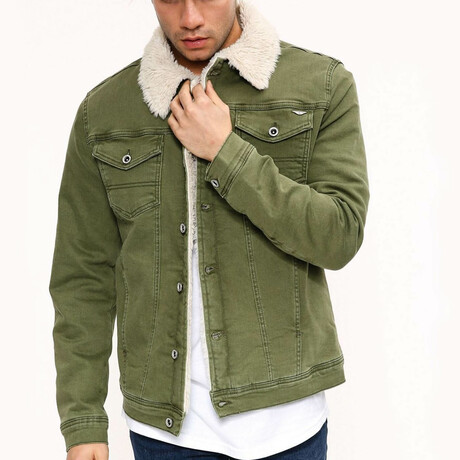 Fur Collared Denim Jacket // Green + White (S)