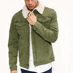 Fur Collared Denim Jacket // Green + White (M)