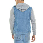 Hooded Patterned Fabric Detail Denim Jacket // Worn Ice Blue (S)