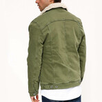 Fur Collared Denim Jacket // Green + White (M)
