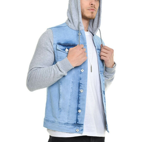 Hooded Patterned Fabric Denim Jacket // Ice Blue (S)