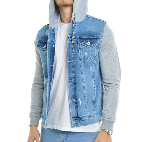 Hooded Patterned Fabric Detail Denim Jacket // Worn Ice Blue (S)