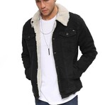 Fur Collared Denim Jacket // Black + White (L)