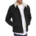 Fur Collared Denim Jacket // Black + White (L)