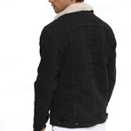 Fur Collared Denim Jacket // Black + White (XL)