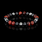Red Tiger Eye + Onyx + Magnetic Hematite Stone Stretch Bracelet // 8"