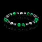Green Tiger Eye + Onyx + Magnetic Hematite Stone Stretch Bracelet // 8"