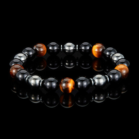 Tiger Eye + Onyx + Magnetic Hematite Stone Stretch Bracelet // 8.5"