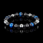 Blue Tiger Eye + Onyx + Magnetic Hematite Stone Stretch Bracelet // 8.5"
