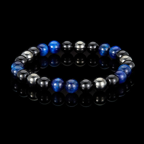 Blue Tiger Eye + Onyx + Magnetic Hematite Stone Stretch Bracelet // 8"