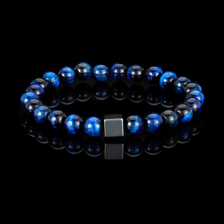 Blue Tiger Eye + Hematite Cube Stone Stretch Bracelet // 8"