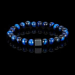 Blue Tiger Eye + Hematite Cube Stone Stretch Bracelet // 8"
