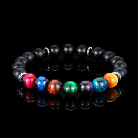 Multicolor Tiger Eye + Matte Onyx Stone Stretch Bracelet // 8.25"
