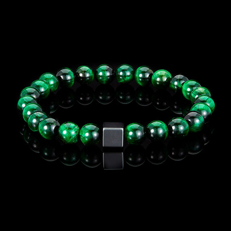 Green Tiger Eye + Hematite Cube Stone Stretch Bracelet // 8"
