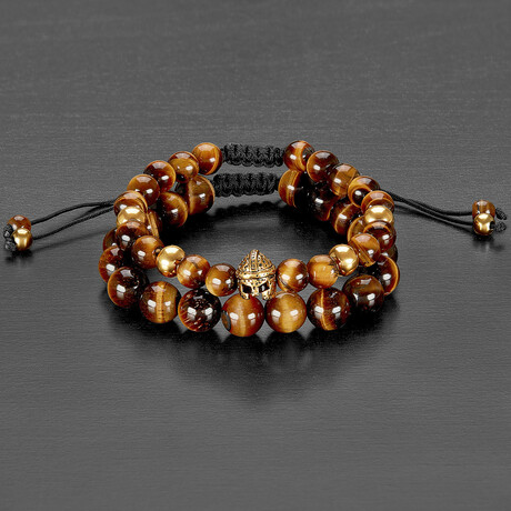 Tiger Eye Stones + Steel Spartan Head Bead Adjustable Bracelets // Set of 2 // 8"
