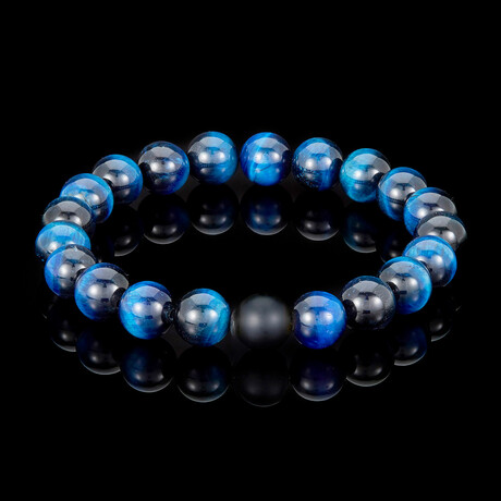 Blue Tiger Eye + Matte Onyx Stone Stretch Bracelet // 8.25"