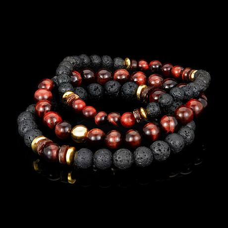 Red Tiger Eye + Gold Plated Hematite + Lava + Wood Bead Stretch Bracelets // Set of 3 // 8"