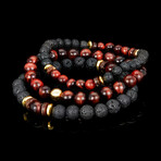 Red Tiger Eye + Gold Plated Hematite + Lava + Wood Bead Stretch Bracelets // Set of 3 // 8"