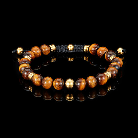 Tiger Eye Stone + Gold Plated Steel Bead Adjustable Bracelet // 7.75"