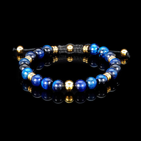 Blue Tiger Eye Stone + Gold Plated Steel Bead Adjustable Bracelet // 7.75"