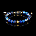 Blue Tiger Eye Stone + Gold Plated Stainless Steel Adjustable Bracelet // 7.75"