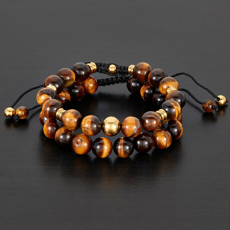 Tiger Eye Stones + Gold Plated Steel Beads Adjustable Bracelet // Set of 2 // 8"