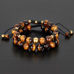 Tiger Eye Stone + Yellow Plated Stainless Steel Beads Adjustable Bracelet // Set of 2 // 8"