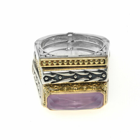 Konstantino // Sterling Silver + 18k Yellow Gold + Pink Mother of Pearl Ring Stack // Stack of 3 // Ring Size: 6 // Store Display