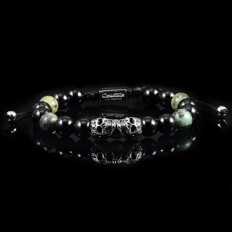 African Turquoise + Onyx + Double Skull Adjustable Bracelet // 8.25"