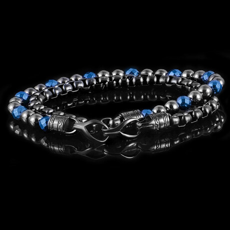 Blue Plated Hematite + Gunmetal Stainless Steel Box Chain Wrap Bracelet // 17"