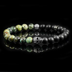 Steel Skull + African Turquoise + Matte Onyx Stone Stretch Bracelet // 8.5"