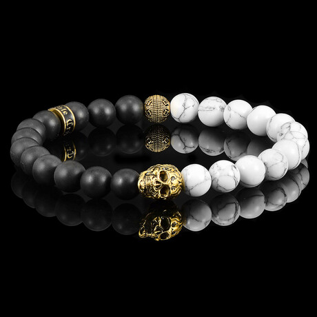 Gold Plated Steel Skull + Howlite + Matte Onyx Stone Stretch Bracelet // 8.5"