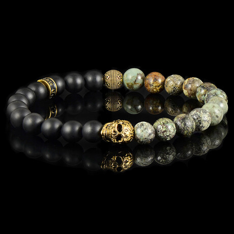 Gold Plated Steel Skull + African Turquoise + Matte Onyx Stone Stretch Bracelet // 8.5"