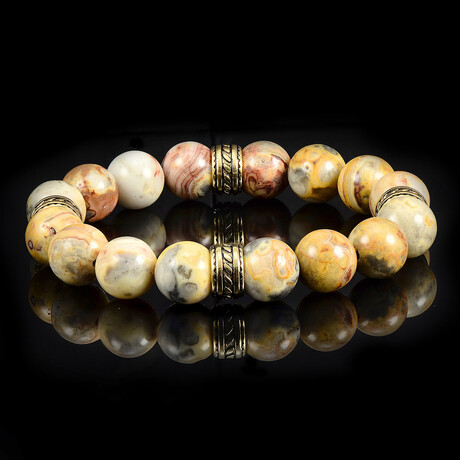Crazy Lace Agate Stone + Gold Plated Stainless Steel Accents Stretch Bracelet // 7.5"