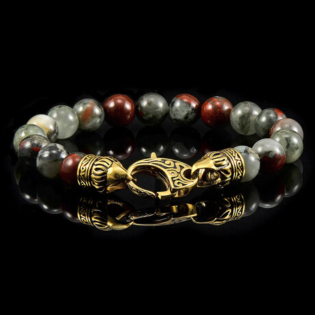 Bloodstone + Antique Gold Plated Stainless Steel Clasp Bead Bracelet // 8.25"