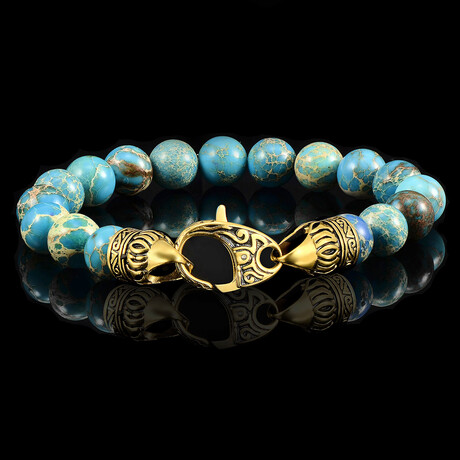 Imperial Jasper + Antique Gold Plated Stainless Steel Clasp Bead Bracelet // 8.25"