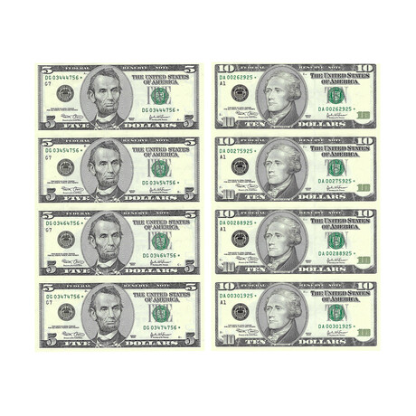 2003 Federal Reserve Star Banknotes // Uncut Sheet of 4 Unissued Notes // Set of 2 // $5 & $10