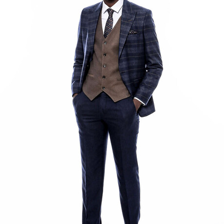 Gaige Slimfit Plaid 3-Piece Combined Vested Suit // Navy (Euro: 42)