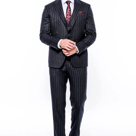 Beck Slimfit Striped 3-Piece Vested Suit // Navy (Euro: 42)