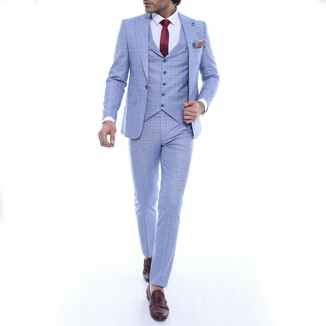 Leonel Slimfit Plaid 3-Piece Suit // Light Blue (Euro: 42)