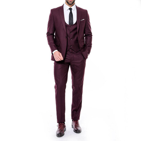 Killian Slim Fit Plain 3-Piece Vested Suit // Burgundy (Euro: 42)