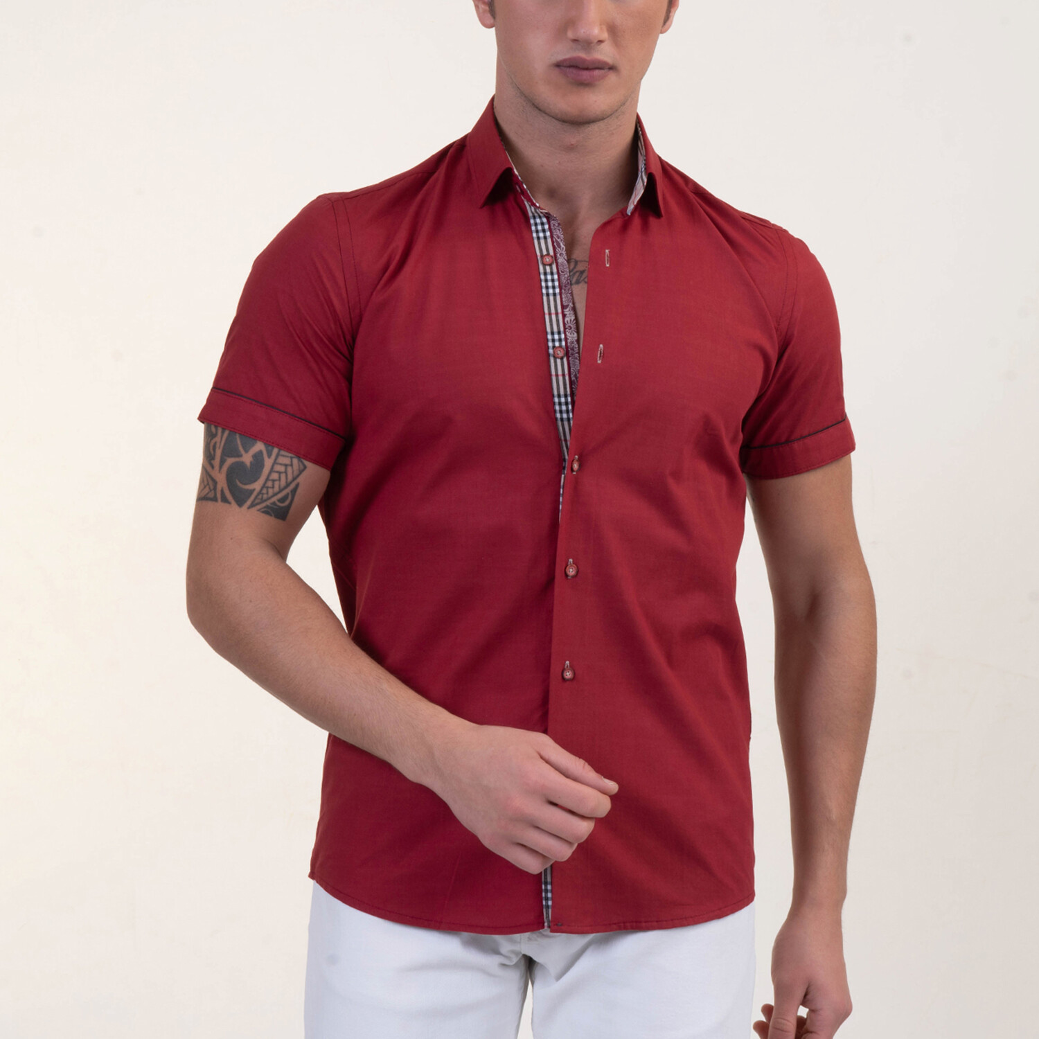 Short Sleeve Button Up Shirt // Maroon Red + Nova Print (S) - Celino ...