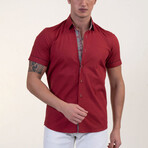 Short Sleeve Button Up Shirt // Maroon Red + Nova Print (L)