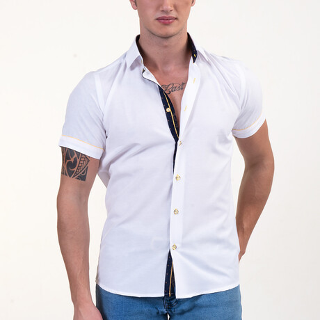 Short Sleeve Button Up Shirt // White + Blue + Yellow (S)