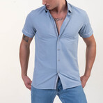 Short Sleeve Button Up Shirt // Blue + White Dots (M)