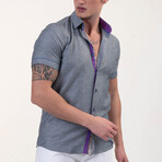 Short Sleeve Button Up Shirt // Gray + Purple (L)