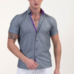 Short Sleeve Button Up Shirt // Gray + Purple (S)